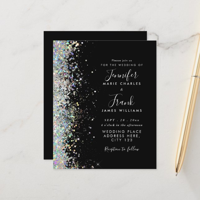 Budget Moderne Glitter Black Wedding Einladung (Vorderseite/Rückseite Beispiel)