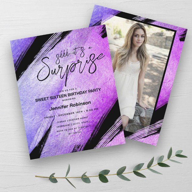 Budget Moderne Lila Überraschung Sweet 16 Einladun (Budget Modern Purple Surprise Sweet 16 Invites )