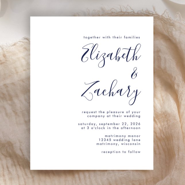 Budget Moderne Navy Blue Script Einladung (Von Creator hochgeladen)