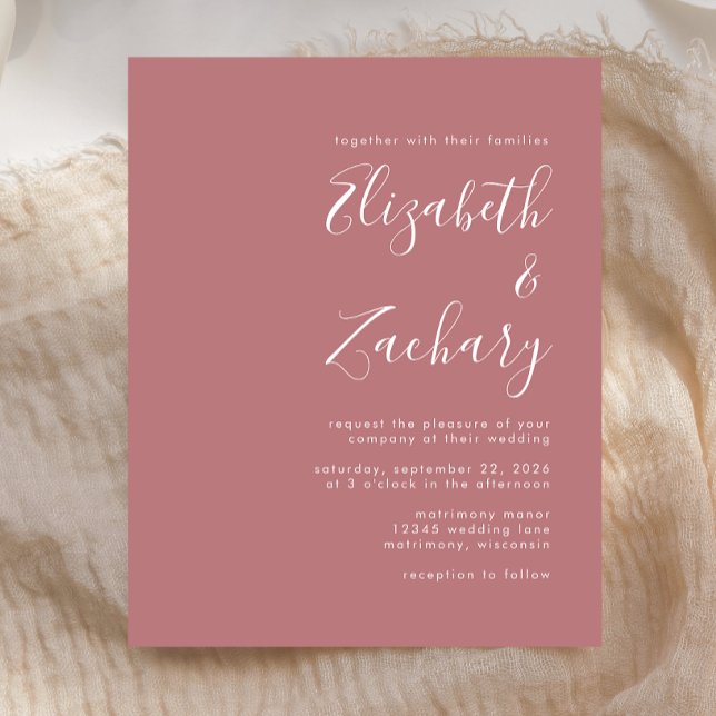 Budget Moderne Script Dusty Rose Hochzeit Einladun (Von Creator hochgeladen)