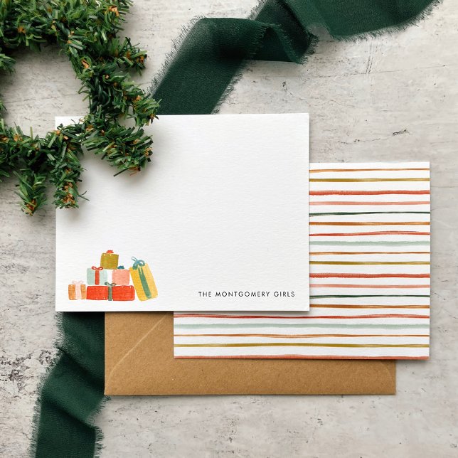 Budget Moderne Weihnachtsgeschenke im Wasser Feier Mitteilungskarte (Watercolor Christmas presents note cards with colorful stripes on the back. Great budget gift idea!)