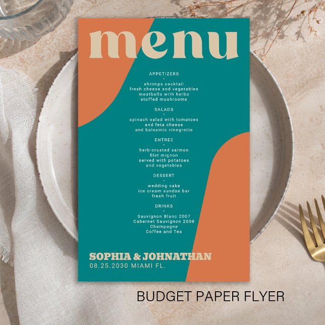 Budget moderner Retro-Groovy-Hochzeitsmenü-Schablo Flyer (Von Creator hochgeladen)