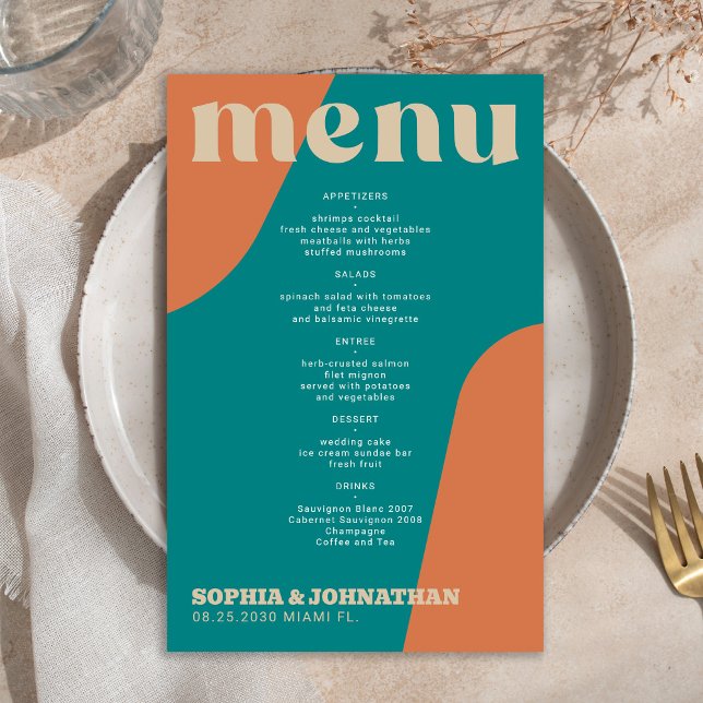 Budget moderner Retro-Groovy-Hochzeitsmenütemplate (Von Creator hochgeladen)