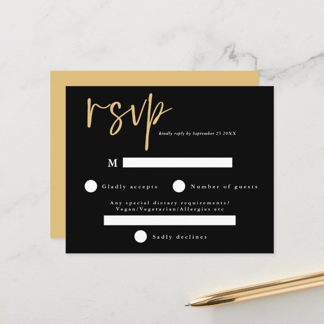 Budget Moderner RSVP für Schwarz und Gold Hochzeit (Vorderseite/Rückseite Beispiel)