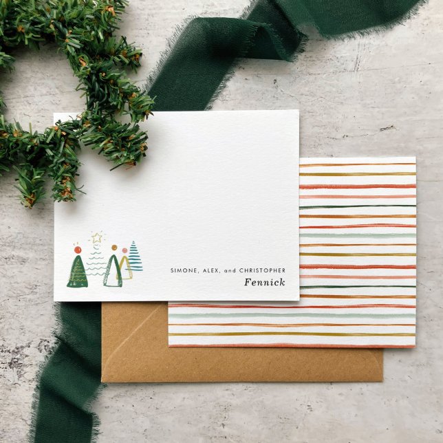 Budget Moderner Weihnachtsbaum Weihnachtsfeiertag Mitteilungskarte (Watercolor Christmas trees and striped backer personalized holiday note cards.)