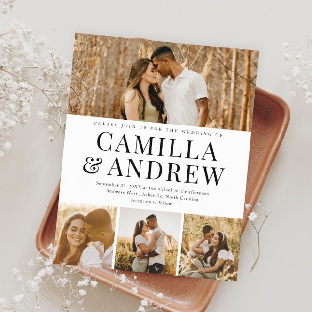 Budget Modernes 4 Foto Elegantes Hochzeitsempfang (Modern Typography Budget Photo Wedding Invitations.)