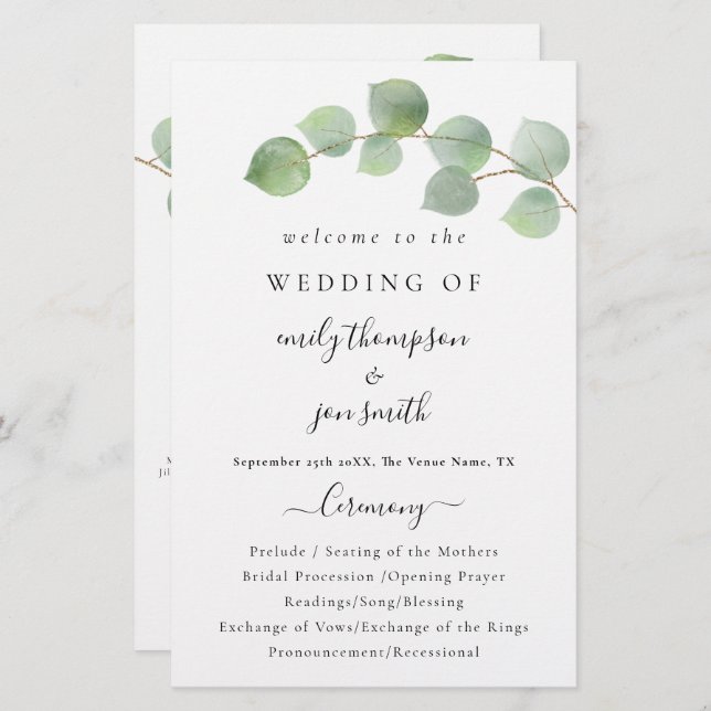 Budget Modernes Eukalyptus Script-Hochzeitsprogram (Vorne/Hinten)
