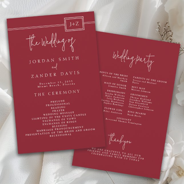 Budget Modernes Red Monogram Wedding Programm Flyer (Von Creator hochgeladen)