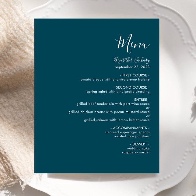 Budget Modernes Script Aquamarin Blue Wedding Menu (Von Creator hochgeladen)