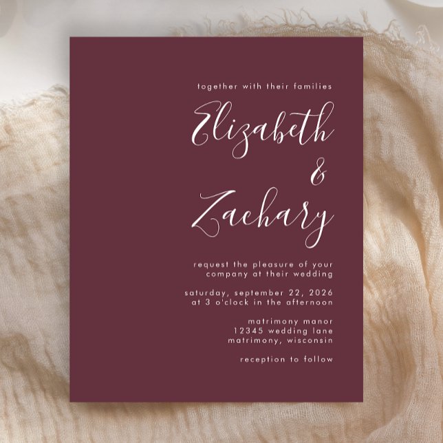 Budget Modernes Script Burgundy Wedding Einladung (Von Creator hochgeladen)