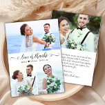 Budget Modernes Script Foto Hochzeit Danke Karte<br><div class="desc">Budget Moderne Elegante Liebe und Dank Script 3 Foto Collage Wedding Danke Ihnen erschwingliche Low Budget Thin Card. Stilvolle Hochzeitsvorlage mit 3 Foto auf der Vorderseite mit "Liebe und Dank"-Text in einer handgeschriebenen Kalligraphie oder Typografie Swash Schwanz Schriftart-Skript in Schwarz-Weiß. Kleine Liebe Herzmotiv zwischen den Namen. Auf der Rückseite ein...</div>