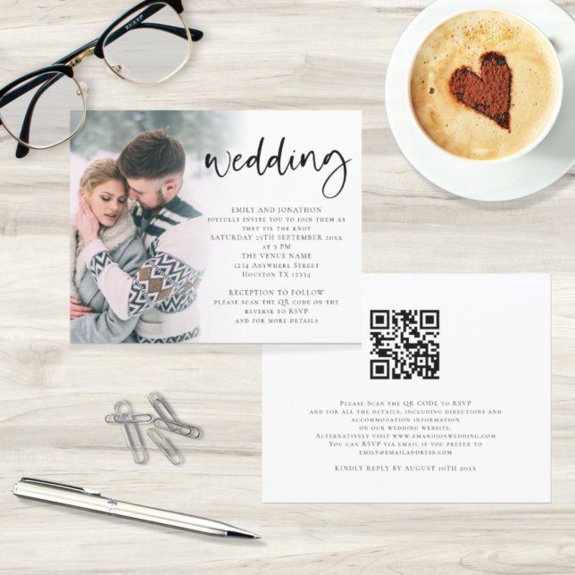 Budget Modernes Script Foto QR Code Hochzeit Einla (Von Creator hochgeladen)