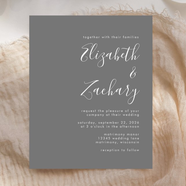 Budget Modernes Script Graue Hochzeitseinladung (Von Creator hochgeladen)