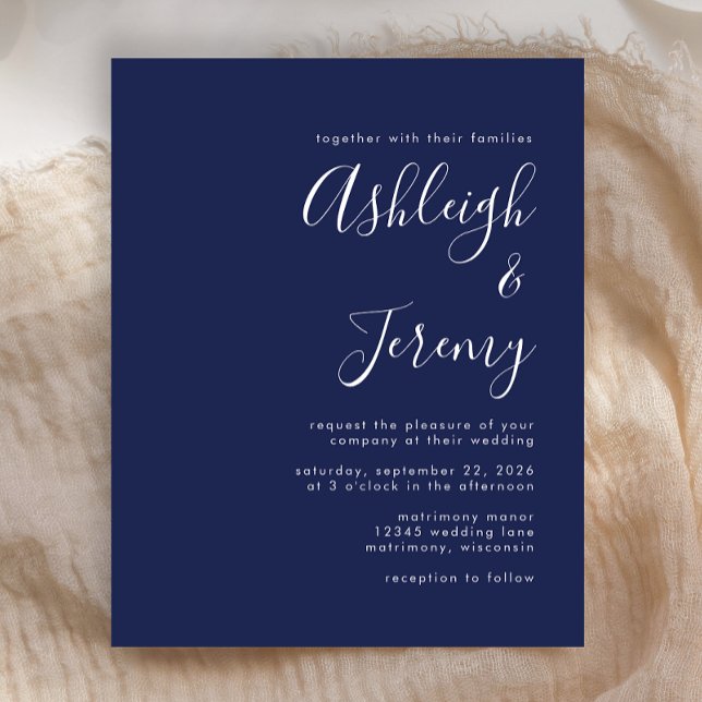 Budget Modernes Script Navy Blue Wedite Einladung (Von Creator hochgeladen)