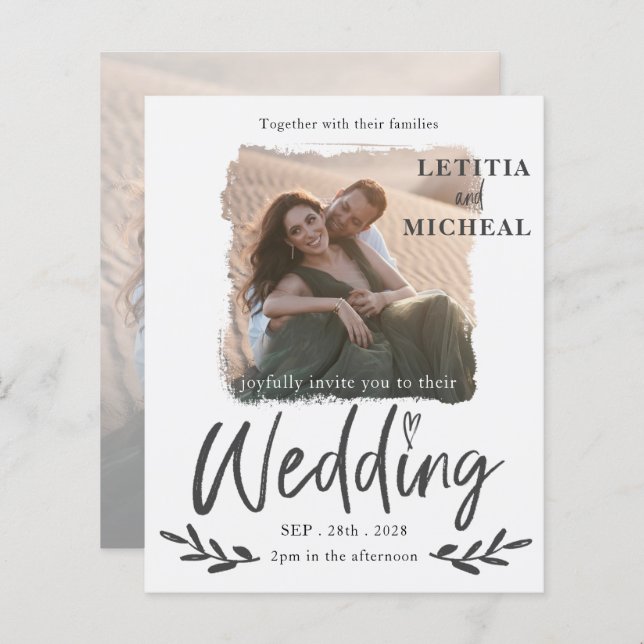 Budget Modernes White Foto Hochzeitseinladung (Vorne/Hinten)