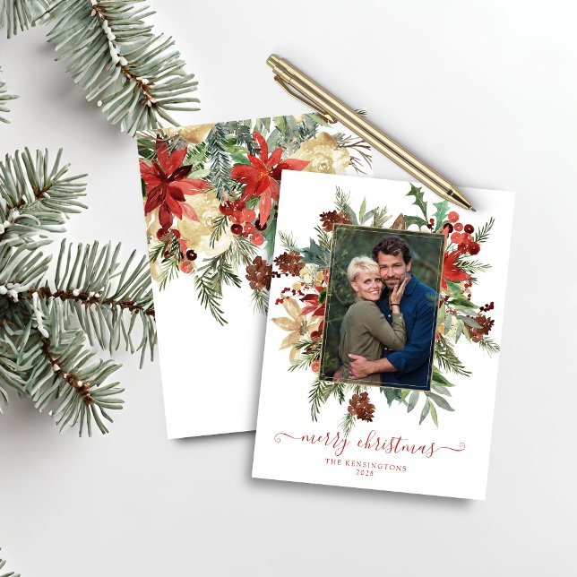 Budget Modernes Winter Floral Gold Weihnachten Fot (Budget Modern Winter Floral Gold Christmas Photo Holiday Card)