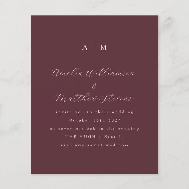 Budget Monogram Burgundy Minimal Wedding Einladung (Vorderseite)