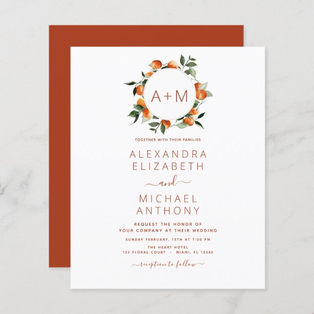 Budget Monogram Burnt Orange Citrus Fruit Wedding (Vorne/Hinten)