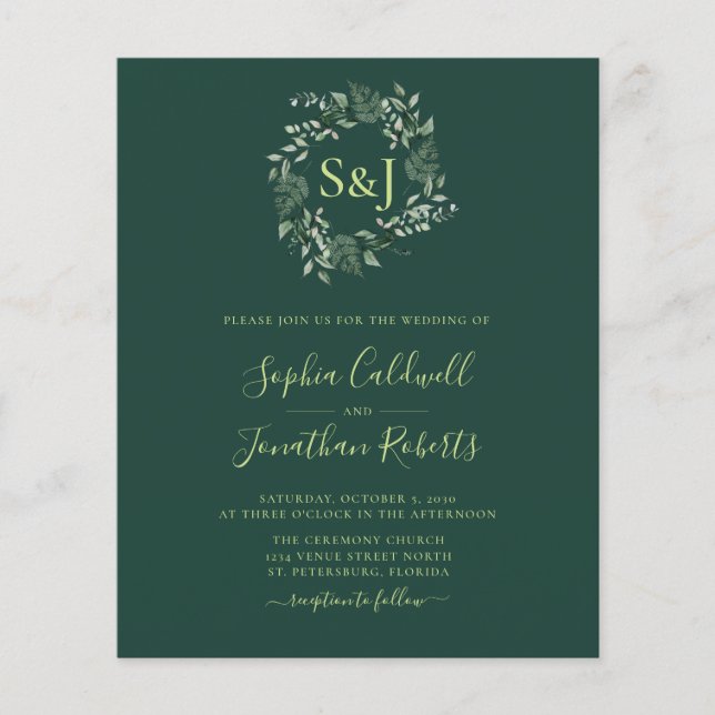 Budget Monogram Emerald Green Wedding Einladung (Vorderseite)