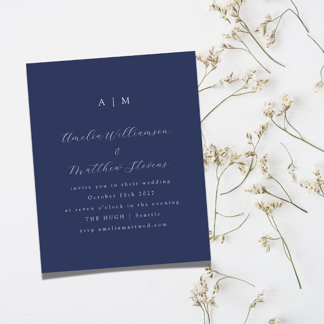 Budget Monogram Navy Blue Minimal Wedding Einladun (Von Creator hochgeladen)