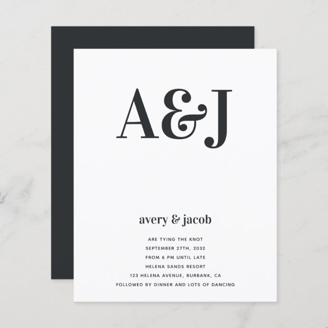 Budget Monogram QR Code Hochzeitseinladung (Vorne/Hinten)