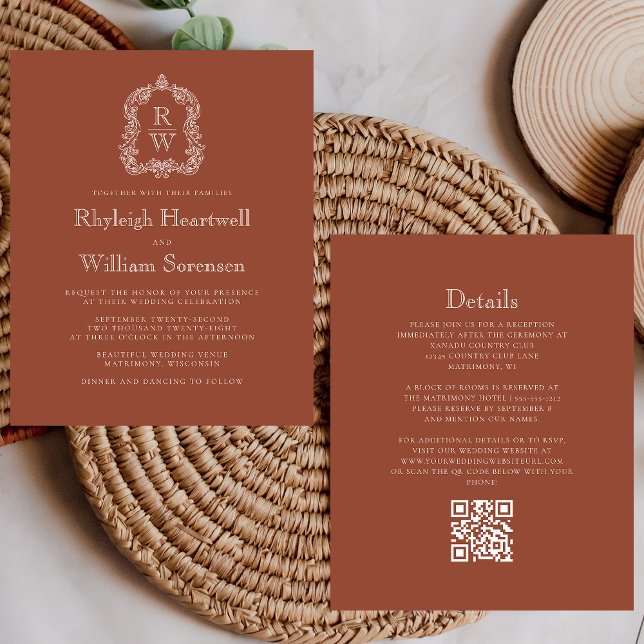 Budget Monogram Wappen Terracotta QR Code Hochzeit (Von Creator hochgeladen)