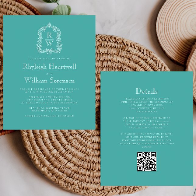 Budget Monogram Wappen Türkis QR Code Hochzeit (Von Creator hochgeladen)