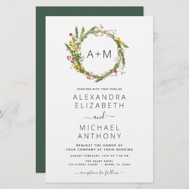 Budget Monogram Wildblumen Emerald Green Wedding (Vorne/Hinten)