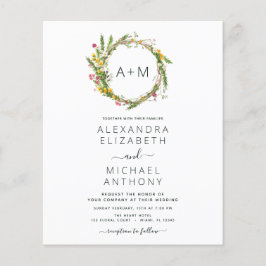 Budget Monogram Wildblumen Emerald Green Wedding Flyer
