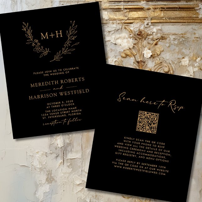 Budget Monogram Wreath Black Wedite (Budget Elegant Monogram Wreath QR Code Gold on Black Wedding Invitation)
