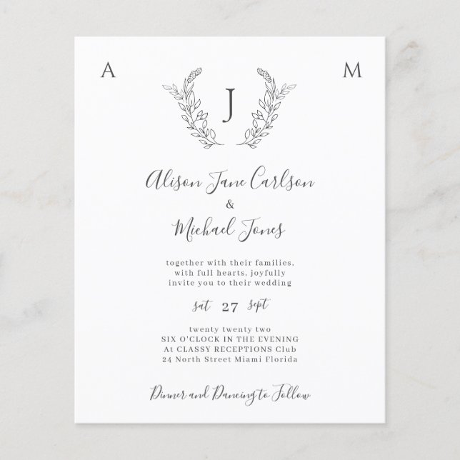 Budget monogramm elegante Blätter Hochzeitseinladu Flyer (Vorne)