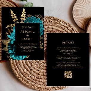 Budget Moody Floral Türkis Gold QR-Code Hochzeit