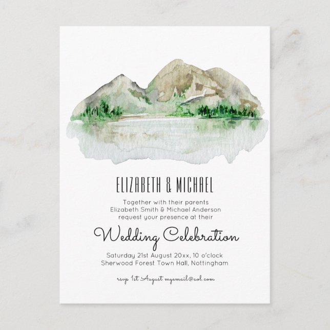 Budget Mountain Lake Wedding Einladung Wasserfarbe Postkarte (Vorderseite)