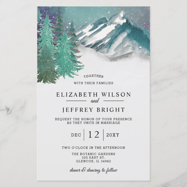 Budget Mountains Pine Winter Hochzeit Einladung (Vorderseite)