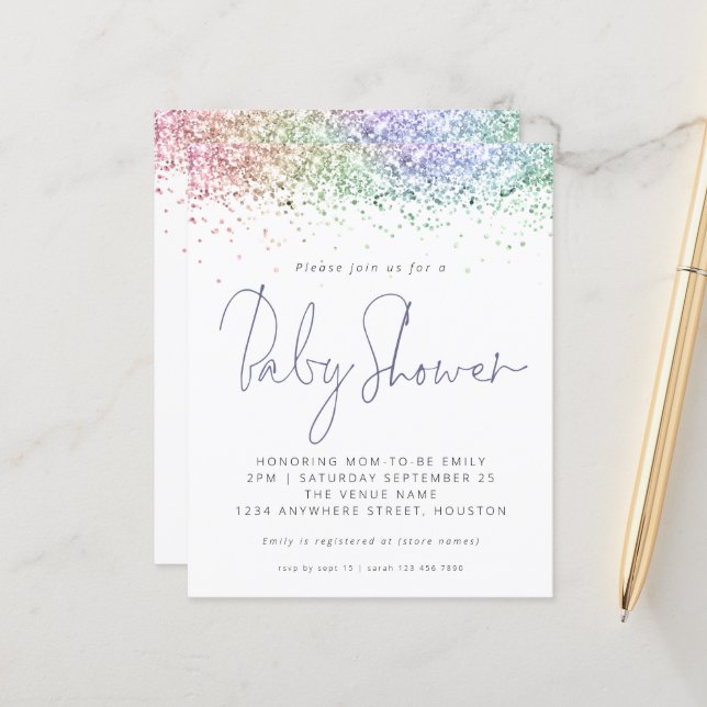 Budget Multi Color Glitzer Kinderdusche Einladung (Vorderseite/Rückseite Beispiel)