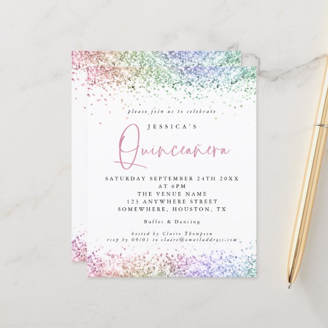 Budget Multicolor Glitzer Quinceanera Einladung (Vorderseite/Rückseite Beispiel)