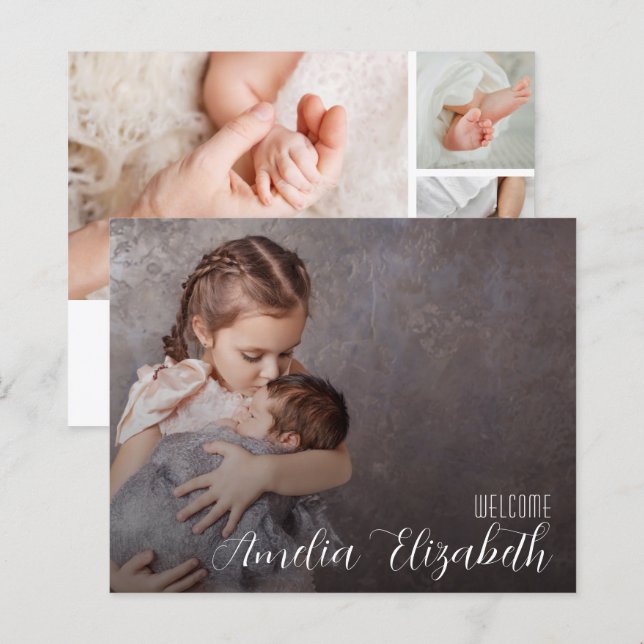 Budget Multiple Foto Elegante Geburtsankündigung (Vorne/Hinten)
