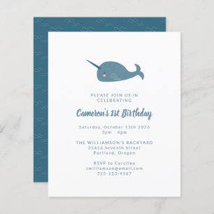 Budget Narwhal Ocean Blue 1. Geburtstag Einladung