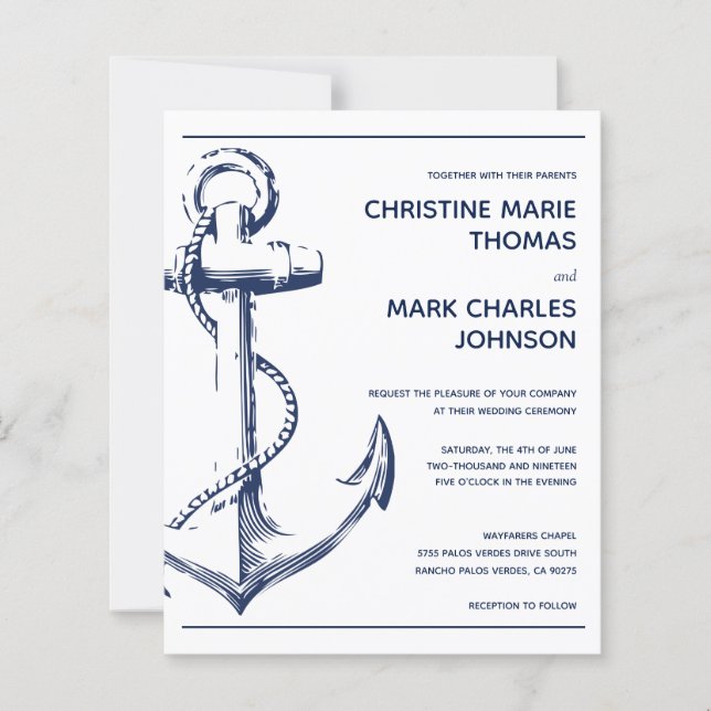 Budget Nautical Anchor White Wedding Einladung (Vorderseite)