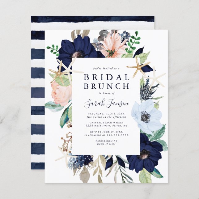 Budget Nautical Blue Floral Bridal Brunch Einladun (Vorne/Hinten)