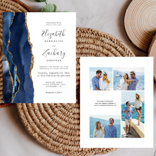 Budget Navy Blau Gold Achat 4-Foto Hochzeitseinlad