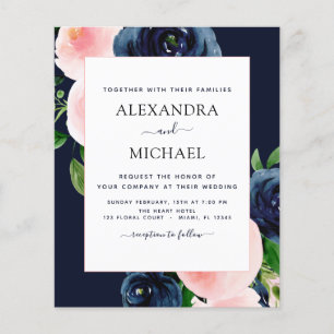 Budget Navy Blau Rosafarbenes Florales Hochzeits- Flyer