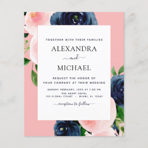 Budget Navy Blaues Rosa Florales Hochzeits- Flyer