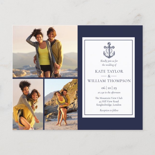 Budget Navy Blue 4 Fotos Nautical Wedite Einladung (Vorderseite)