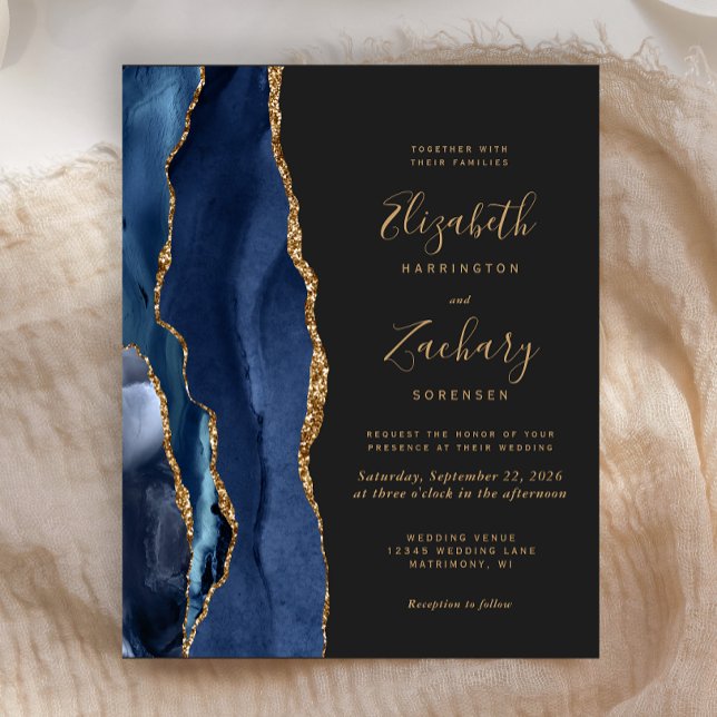 Budget Navy Blue Agate Dark Wedding Einladung (Von Creator hochgeladen)