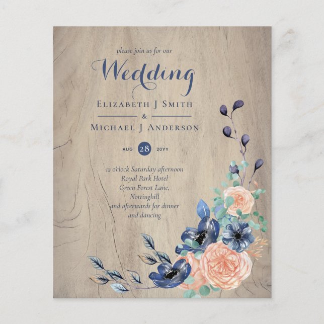 Budget Navy Blue and Coral Wedding Woodland Flyer (Vorne)