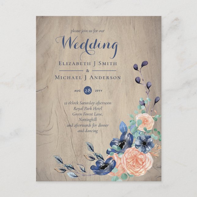 Budget Navy Blue and Coral Wedding Woodland Postkarte (Vorderseite)