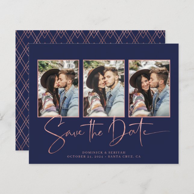 BUDGET Navy Blue Art Deco Rose Gold Save the Date (Vorne/Hinten)
