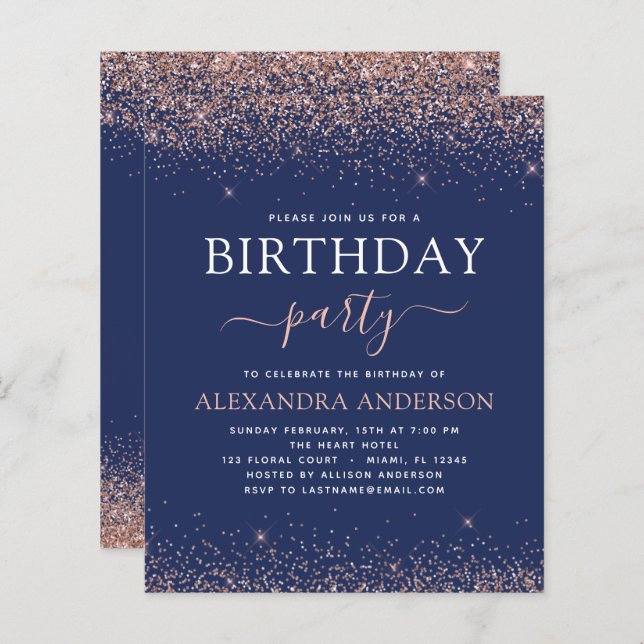 Budget Navy Blue Birthday Rose Gold Pink Glitzer (Vorne/Hinten)