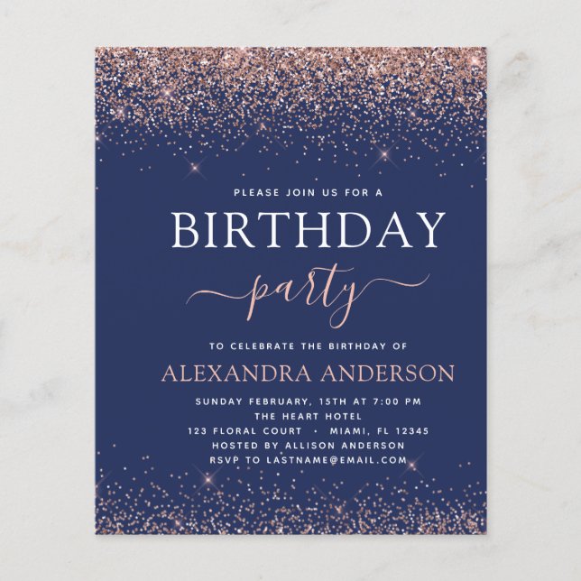 Budget Navy Blue Birthday Rose Gold Pink Glitzer Flyer (Vorne)